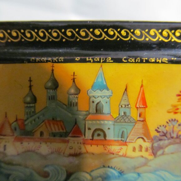 Russian Black Lacquer Box Tale of Tsar Saltan Swan Princess Mstera Signed - Picture 7 of 16